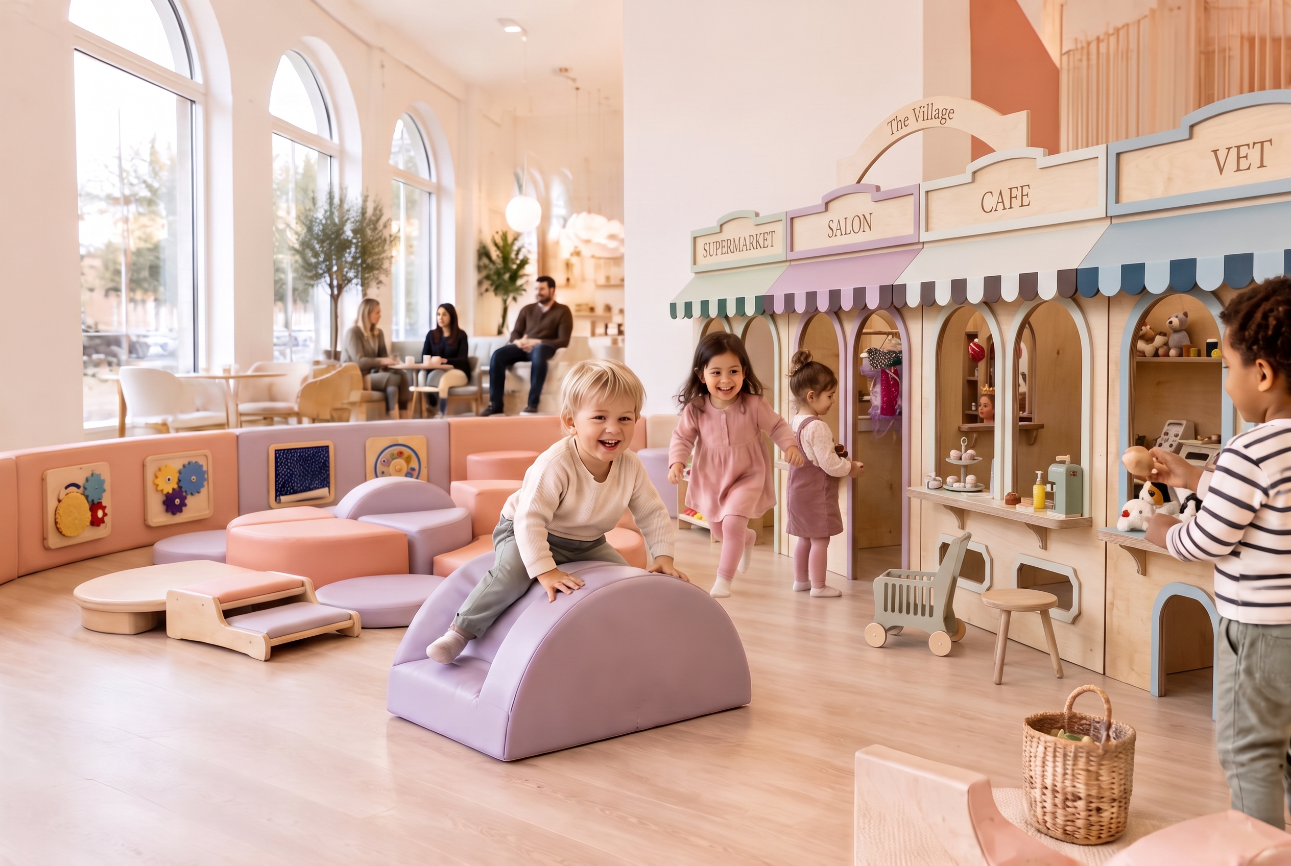 Children playing in Giggle Grove's soft play and role play areas, with parents relaxing in the café